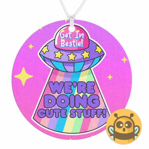 This image shows a hand-drawn adorable air freshener, Get In Bestie UFO Air Freshener, which is available to purchase from HunnieByte.com