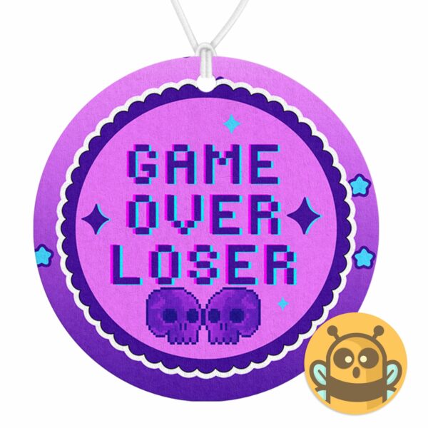 This image shows a hand-drawn adorable air freshener, Game Over Loser Air Freshener, which is available to purchase from HunnieByte.com