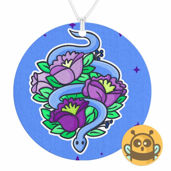 This image shows a hand-drawn adorable air freshener, Floral Snake Air Freshener, which is available to purchase from HunnieByte.com