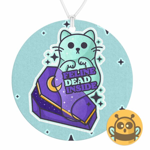 This image shows a hand-drawn adorable air freshener, Feline Dead Inside Kitty Air Freshener, which is available to purchase from HunnieByte.com