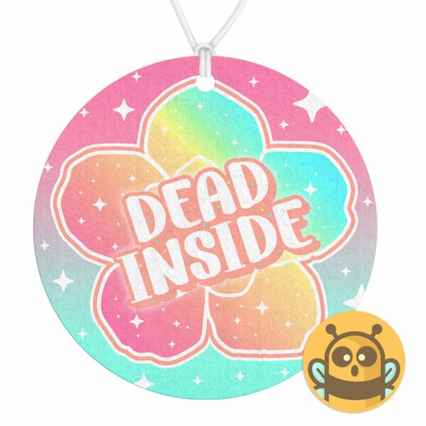 This image shows an adorable hand-drawn air freshener, Dead Inside Flower Air Freshener, which is available to purchase from HunnieByte.com