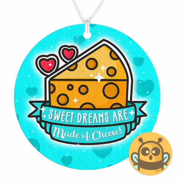 This image shows a hand-drawn adorable air freshener, Sweet Dreams Cheese Air Freshener, which is available to purchase from HunnieByte.com