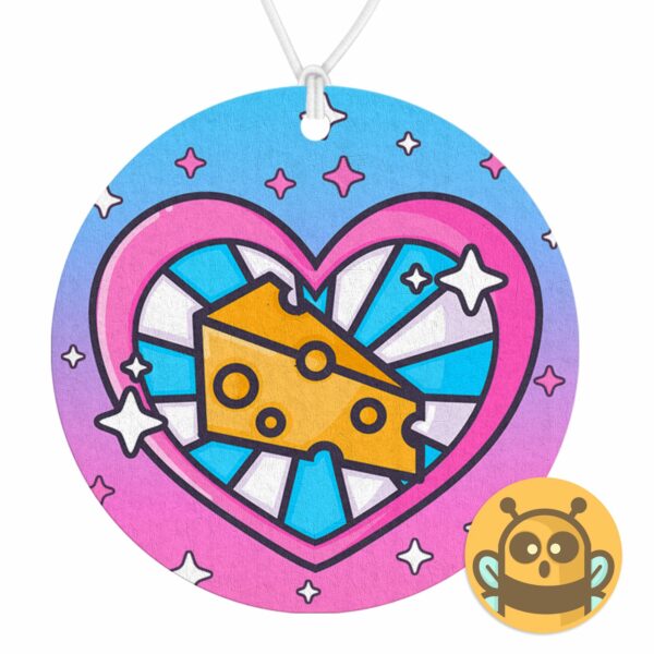 This image shows an adorable hand-drawn air freshener, Cheese Air Freshener, which is available to purchase from HunnieByte.com