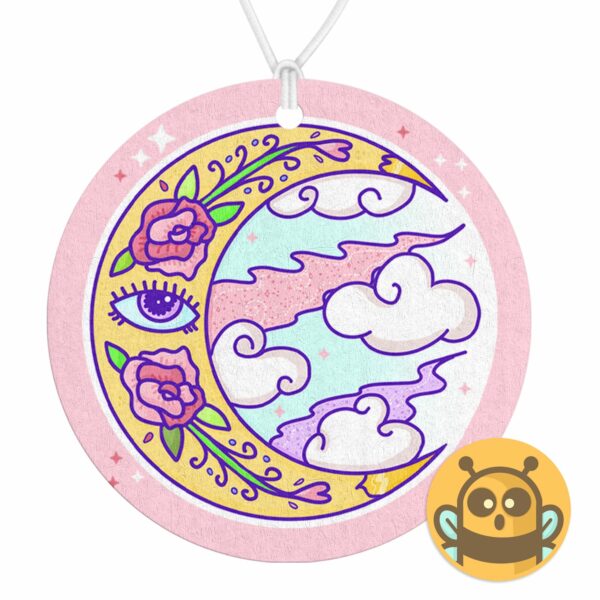 This image shows an adorable hand-drawn air freshener, Celestial Moon Air Freshener, which is available to purchase from HunnieByte.com