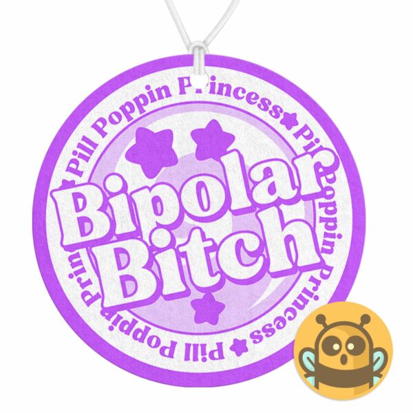 This image shows an adorable hand-drawn air freshener, Bipolar Bitch Purple Air Freshener, which is available to purchase from HunnieByte.com