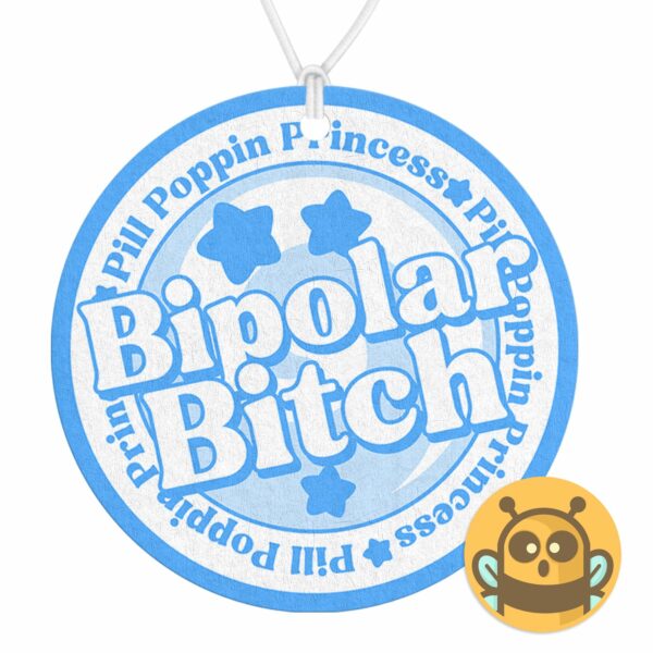 This image shows an adorable hand-drawn air freshener, Bipolar Bitch Blue Air Freshener, which is available to purchase from HunnieByte.com