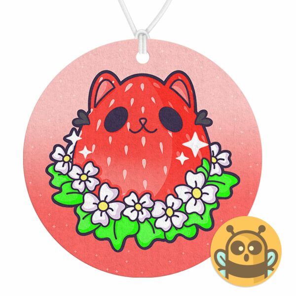 This image shows an adorable hand-drawn air freshener, Berry Kitty Air Freshener, which is available to purchase from HunnieByte.com