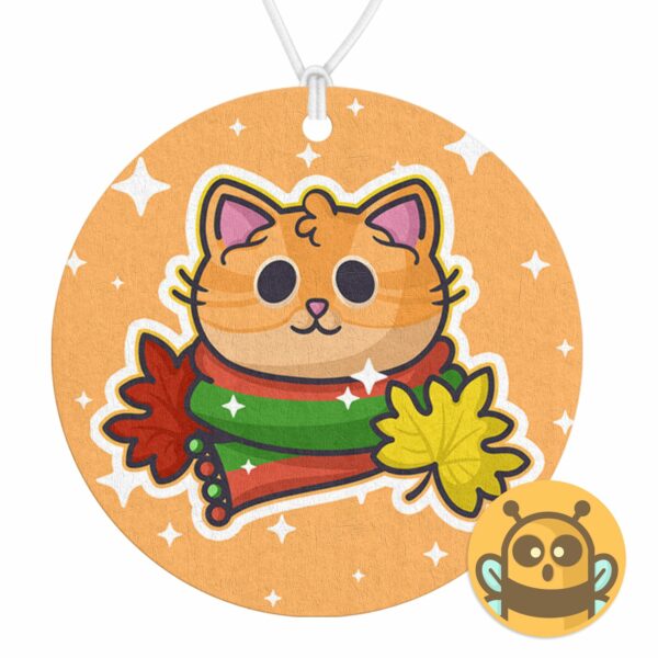 This image shows an adorable hand-drawn air freshener, Autumn Ginger Kitty Air Freshener, which is available to purchase from HunnieByte.com