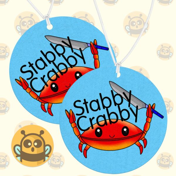 This image shows a hand-drawn adorable air freshener, Stabby Crabby Air Freshener, which is available to purchase from HunnieByte.com