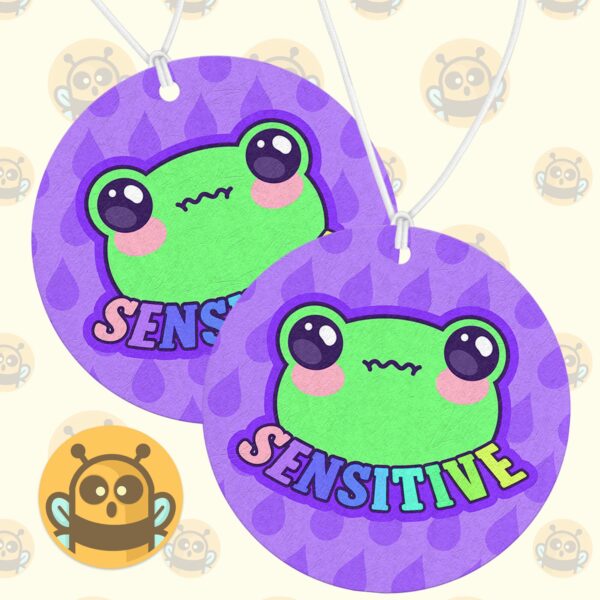 This image shows a hand-drawn adorable air freshener, Sensitive Frog Purple Air Freshener, which is available to purchase from HunnieByte.com