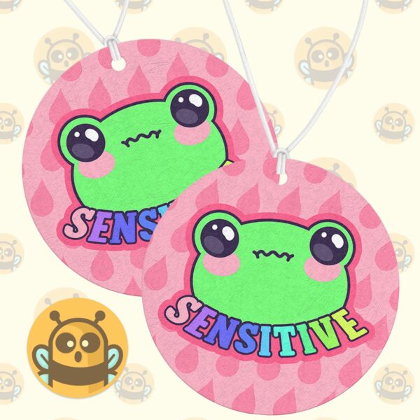 This image shows a hand-drawn adorable air freshener, Sensitive Frog Pink Air Freshener, which is available to purchase from HunnieByte.com