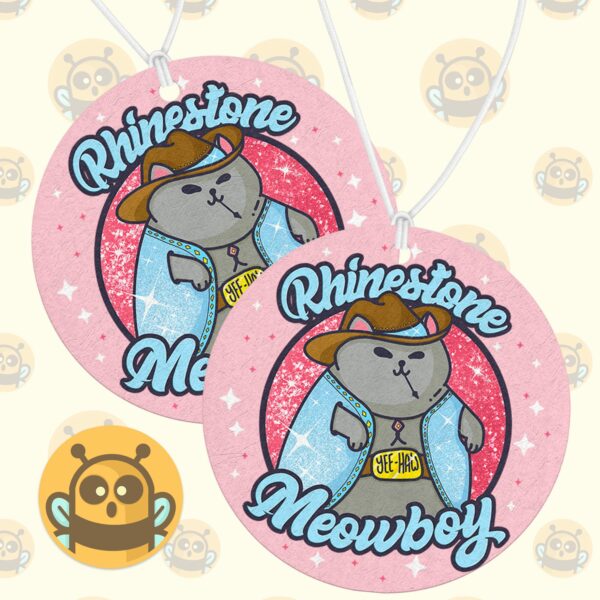 This image shows a hand-drawn adorable air freshener, Rhinestone Meowboy Air Freshener, which is available to purchase from HunnieByte.com