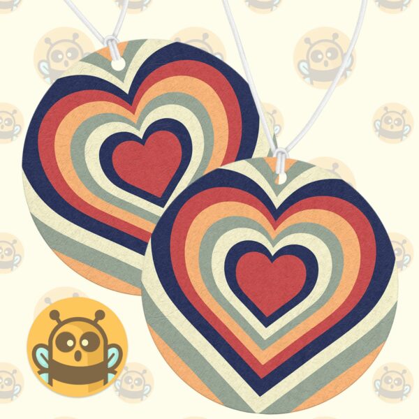 This image shows a hand-drawn adorable air freshener, Retro Hearts Air Freshener, which is available to purchase from HunnieByte.com