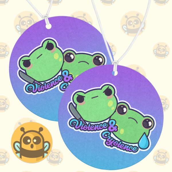 This image shows a hand-drawn adorable air freshener, Violence and Cryolence Frog Air Freshener, which is available to purchase from HunnieByte.com