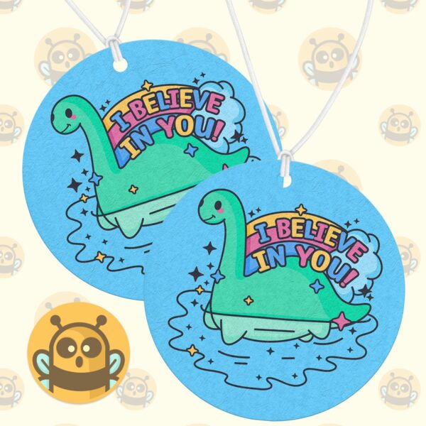 This image shows a hand-drawn adorable air freshener, Nessie I Believe In You Air Freshener, which is available to purchase from HunnieByte.com