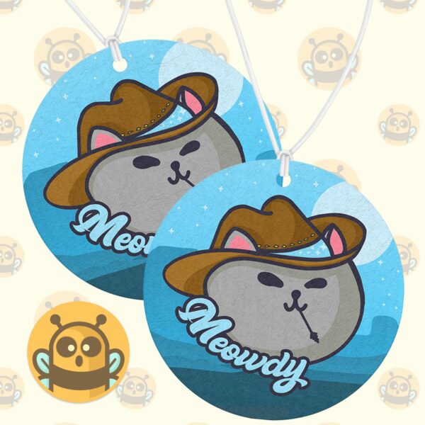 This image shows a hand-drawn adorable air freshener, Meowdy Meowboy Air Freshener, which is available to purchase from HunnieByte.com