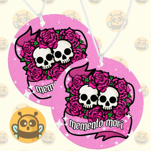 This image shows a hand-drawn adorable air freshener, Memento Mori Air Freshener, which is available to purchase from HunnieByte.com