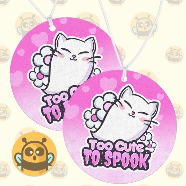 This image shows a hand-drawn adorable air freshener, Too Cute To Spook Air Freshener, which is available to purchase from HunnieByte.com