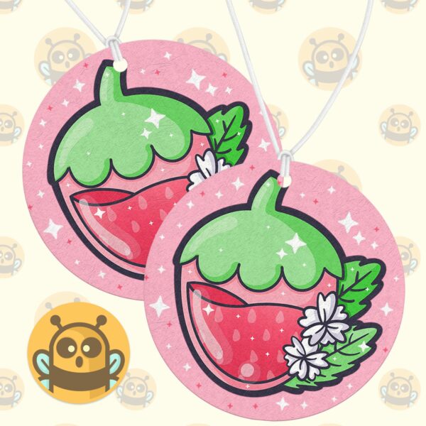 This image shows a hand-drawn adorable air freshener, Juicy Strawberry Air Freshener, which is available to purchase from HunnieByte.com