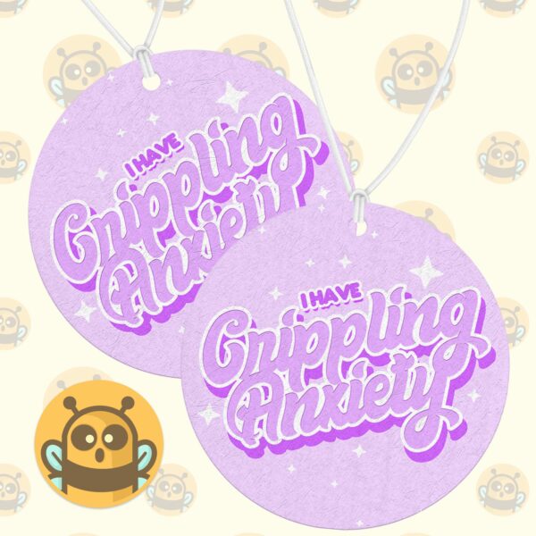 This image shows a hand-drawn adorable air freshener, I Have Crippling Anxiety Purple Air Freshener, which is available to purchase from HunnieByte.com