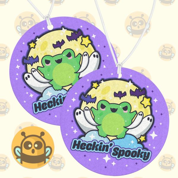 This image shows a hand-drawn adorable air freshener, Heckin Spooky Purple Air Freshener, which is available to purchase from HunnieByte.com