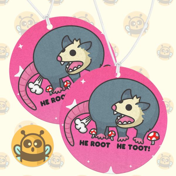 This image shows a hand-drawn adorable air freshener, He Root He Toot Possum Air Freshener, which is available to purchase from HunnieByte.com