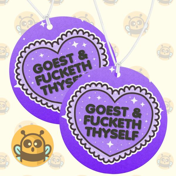 This image shows a hand-drawn adorable air freshener, Goest And Fucketh Thyself Purple Air Freshener, which is available to purchase from HunnieByte.com