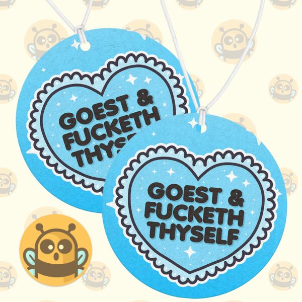 This image shows a hand-drawn adorable air freshener, Goest And Fucketh Thyself Blue Air Freshener, which is available to purchase from HunnieByte.com