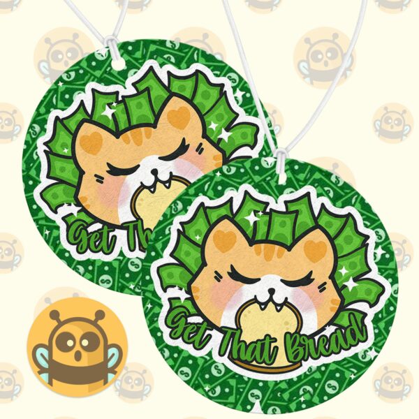 This image shows a hand-drawn adorable air freshener, Get That Bread Kitty Air Freshener, which is available to purchase from HunnieByte.com