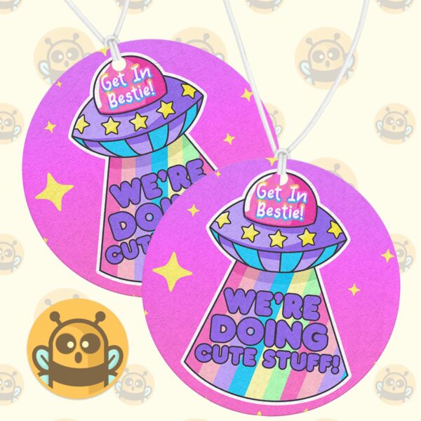 This image shows a hand-drawn adorable air freshener, Get In Bestie UFO Air Freshener, which is available to purchase from HunnieByte.com