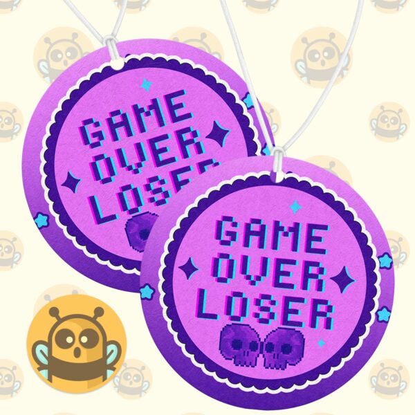 This image shows a hand-drawn adorable air freshener, Game Over Loser Air Freshener, which is available to purchase from HunnieByte.com