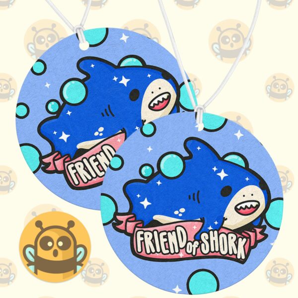 This image shows a hand-drawn adorable air freshener, Friend of Shork Shark Air Freshener, which is available to purchase from HunnieByte.com