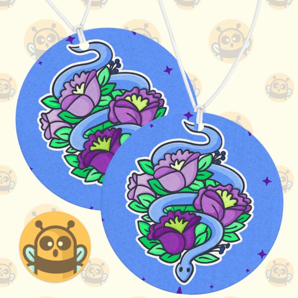 This image shows a hand-drawn adorable air freshener, Floral Snake Air Freshener, which is available to purchase from HunnieByte.com