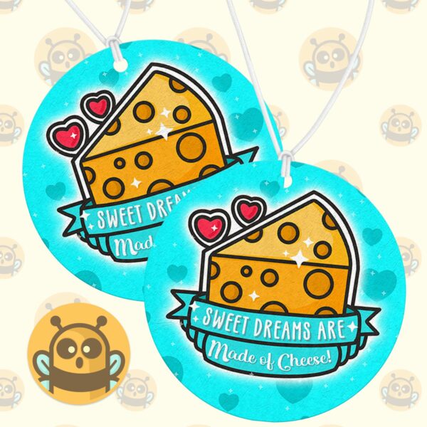 This image shows a hand-drawn adorable air freshener, Sweet Dreams Cheese Air Freshener, which is available to purchase from HunnieByte.com