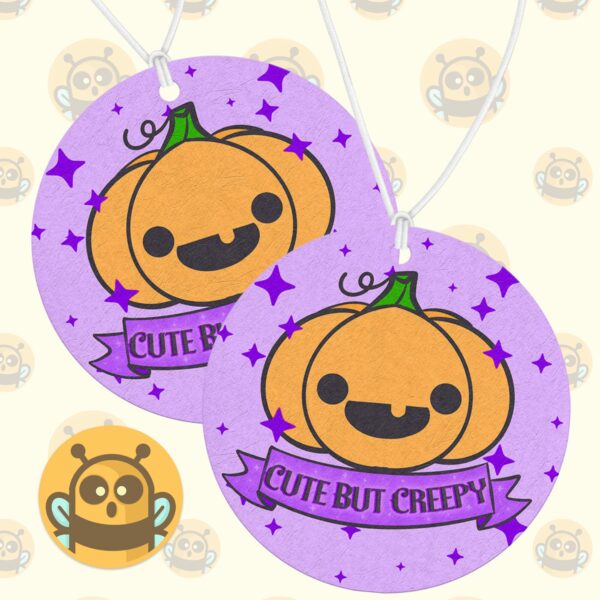 This image shows an adorable hand-drawn air freshener, Cute But Creepy Air Freshener, which is available to purchase from HunnieByte.com