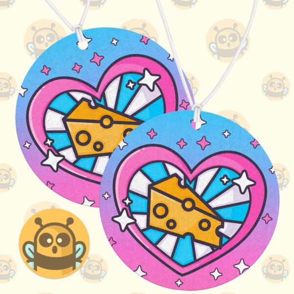 This image shows an adorable hand-drawn air freshener, Cheese Air Freshener, which is available to purchase from HunnieByte.com