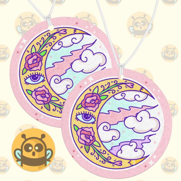 This image shows an adorable hand-drawn air freshener, Celestial Moon Air Freshener, which is available to purchase from HunnieByte.com