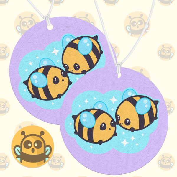 This image shows an adorable hand-drawn air freshener, Bumbly Bees Bee Pals Air Freshener, which is available to purchase from HunnieByte.com