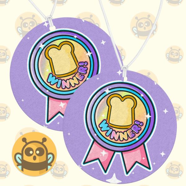 This image shows an adorable hand-drawn air freshener, Bread Winner Air Freshener, which is available to purchase from HunnieByte.com