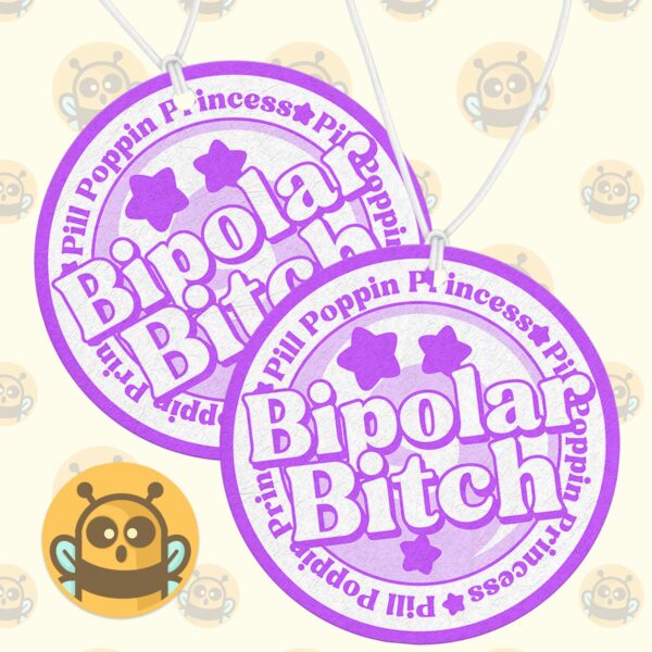 This image shows an adorable hand-drawn air freshener, Bipolar Bitch Purple Air Freshener, which is available to purchase from HunnieByte.com