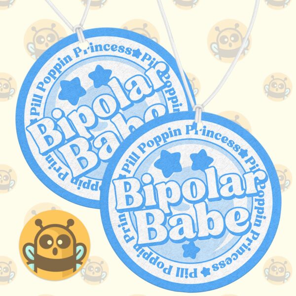 This image shows an adorable hand-drawn air freshener, Bipolar Babe Blue Air Freshener, which is available to purchase from HunnieByte.com