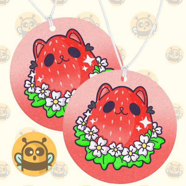 This image shows an adorable hand-drawn air freshener, Berry Kitty Air Freshener, which is available to purchase from HunnieByte.com