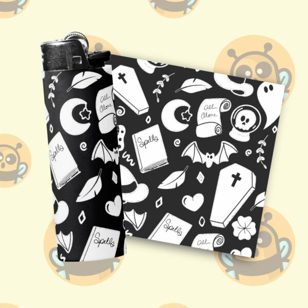 This image shows an adorable hand-drawn lighter wrap, Spooky Scribbles Lighter Wraps, which is available to purchase from HunnieByte.com