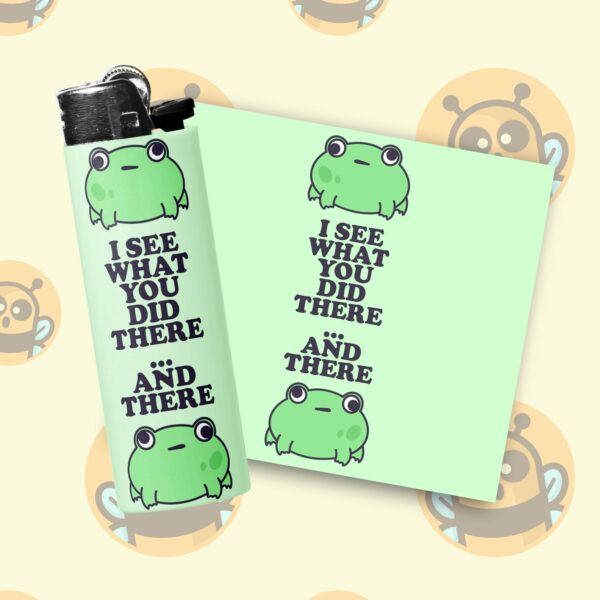 This image shows an adorable hand-drawn lighter wrap, Walleyed Frogs Lighter Wraps, which is available to purchase from HunnieByte.com