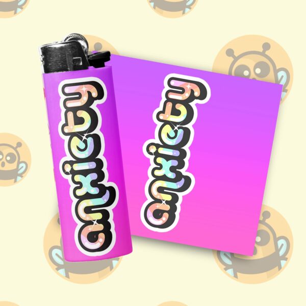 This image shows an adorable hand-drawn lighter wrap, Anxiety Lighter Wrap, which is available to purchase from HunnieByte.com