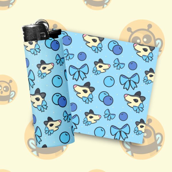 This image shows an adorable hand-drawn lighter wrap, Blueberry Possum Lighter Wrap, which is available to purchase from HunnieByte.com