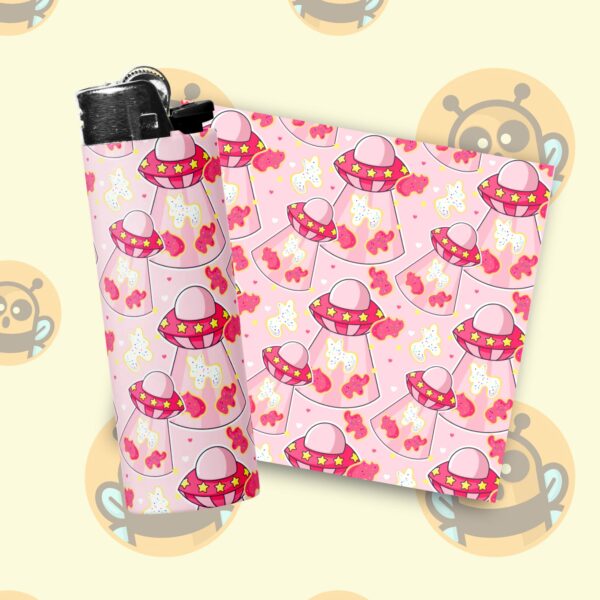 This image shows an adorable hand-drawn lighter wrap, Animal Cookie UFO Lighter Wrap, which is available to purchase from HunnieByte.com