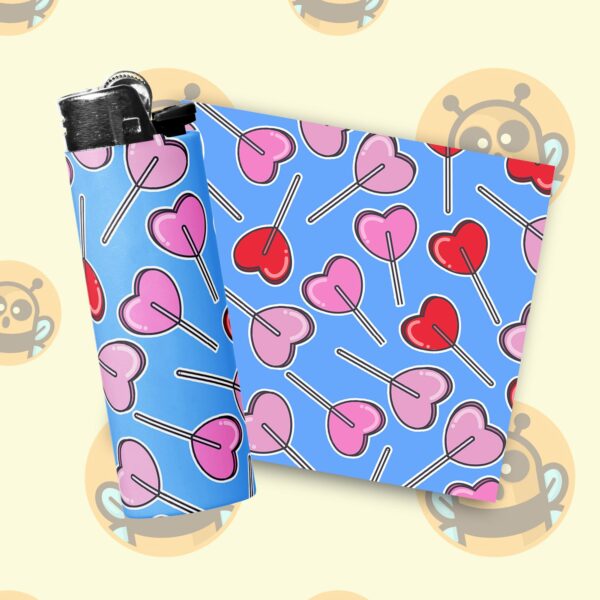 This image shows an adorable hand-drawn lighter wrap, Heart Lollis Lighter Wraps, which is available to purchase from HunnieByte.com