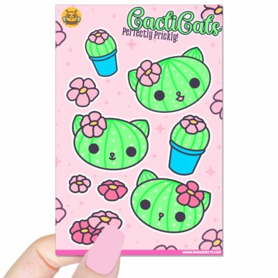 This image shows an adorable hand-drawn sticker sheet, Cacticats Sticker Sheet, which is available to purchase from HunnieByte.com