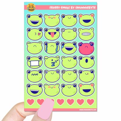 This image shows an adorable hand-drawn sticker sheet, Frog Emojis Sticker Sheet, which is available to purchase from HunnieByte.com